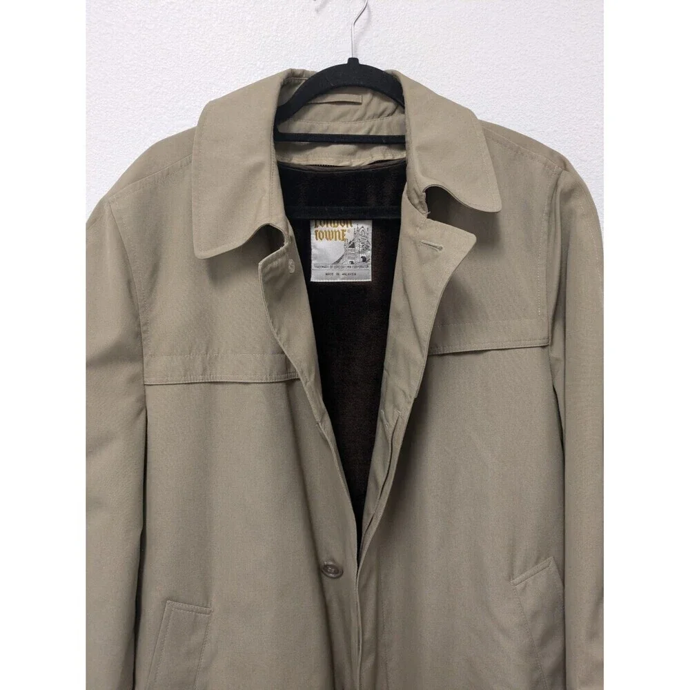 Vintage London Fog Towne Mens Tan Trench Coat Teddy Brown Faux Fur Lining sz 42R